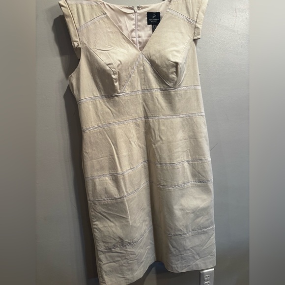 Adrianna Papell Beige Midi Dress with Subtle Stripes business casual cap sleeve - Picture 15 of 15